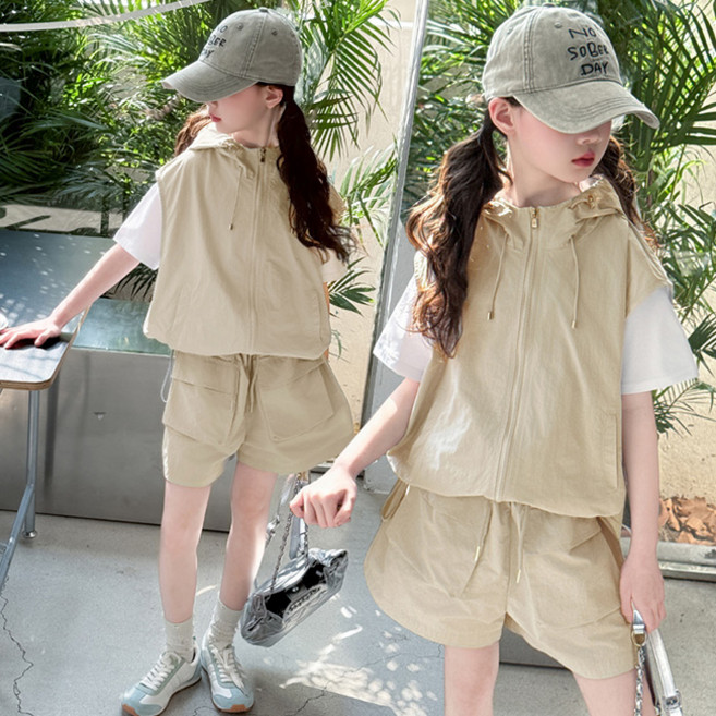 비비키드 여아 여름 초중생 상하복 세트 주니어 반팔티 후드자켓 상의+하의 바스락 쓰리피스 세트 초등생 반바지 세트 (8852)