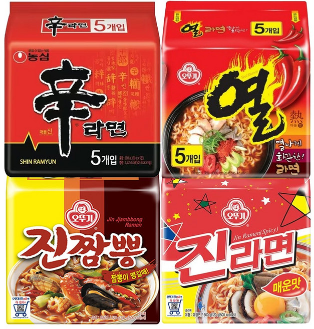 [천지라면] 열짬신세트 봉지라면세트 19개 (신라면 5입+진짬뽕 4입+진라면(매) 5입+열라면 5입) 인기라면 4종세트, 1세트