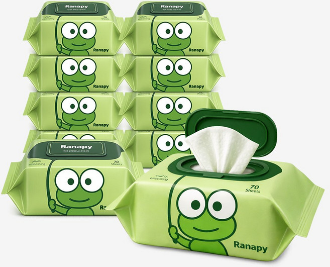 [라나피] 데일리 두꺼운 엠보싱 아기물티슈 캡형 10팩_70평량
