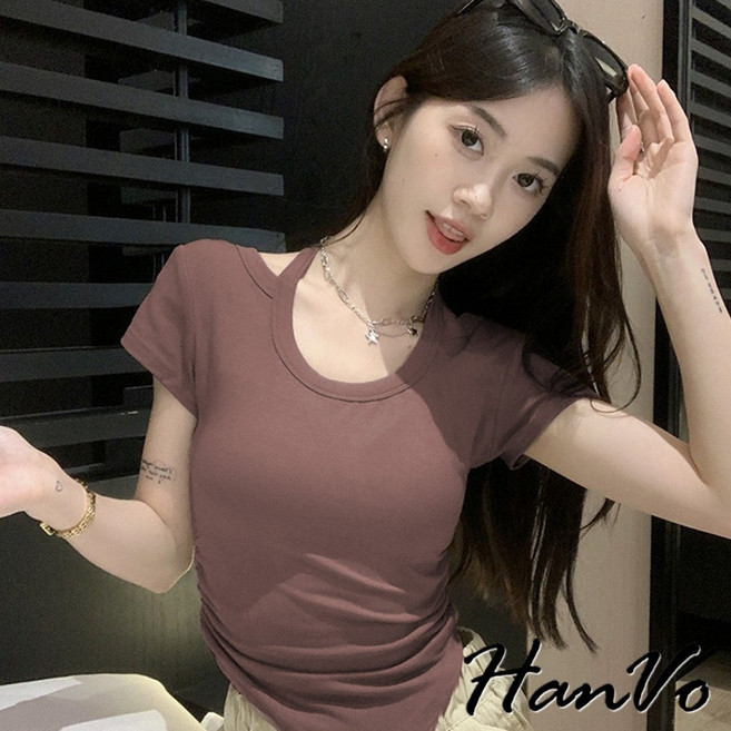 HanVo 露肩掛脖側邊抽繩上衣 甜辣修身顯瘦設計感韓系女裝