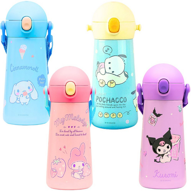 산리오 스텐 원터치 텀블러 보냉병 보온병 어깨끈 물통 물병 460ml 시나모롤 쿠로미 마이멜로디 포차코, 1개