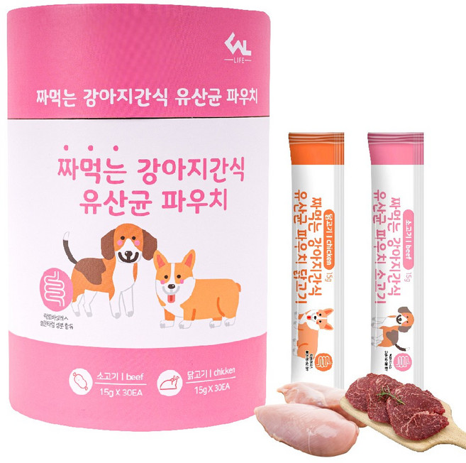 씨엔앨라이프 짜먹는 강아지간식 유산균 파우치 15g 소고기 30p + 닭고기 30p, 1개
