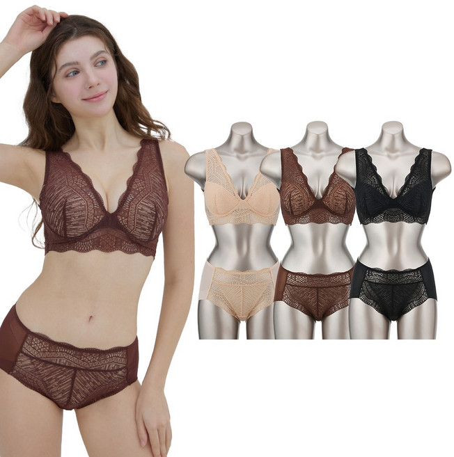 [3SET] 오모떼 이지업 물결 레이스 브라렛 입기편한 여성 속옷팬티 브라팬티 6종 풀세트