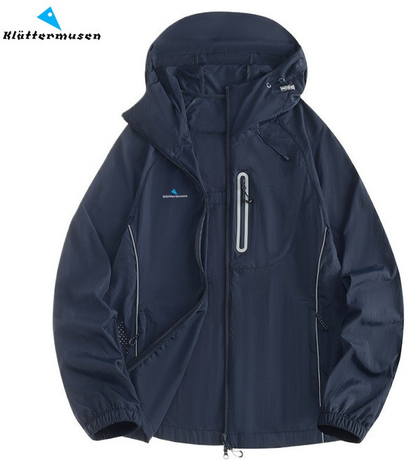 Klattermusen 클라터뮤젠 산계 아웃도어 자외선 차단복 남녀용 UPF50 + 얇고 가벼운 통기후드 피부복 자외선 차단 외투, 남녀통호 단색판-흑란