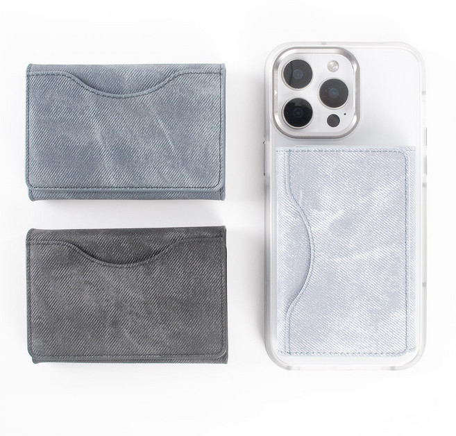 로멜다 맥세이프 청포켓 데님 카드 4장 수납 지갑 포켓 홀더 원형 철판 포함, 1개, 빈티즈진