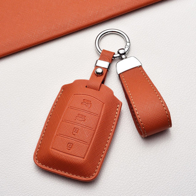 제네시스 키 커버 - 4/6/8버튼 프라다 패턴 스크래치 방지 G80/GV80/GV60 등 호환, 제네시스 A 타입(4버튼), 주황갈색