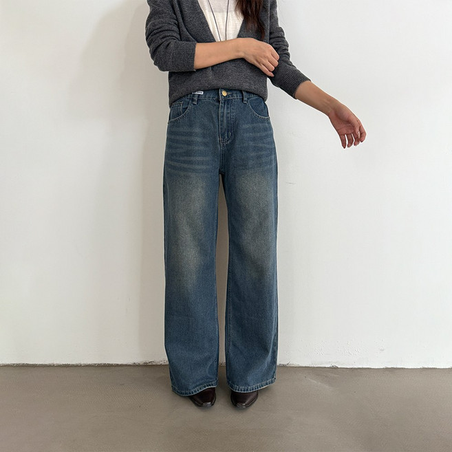 에미올 빈티지 세미 하이웨이스트 와이드 밴딩 레그 데님팬츠 EPJN002