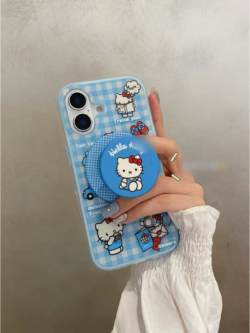 블루 체크 키티 고양이 맥세이프 아이폰 16 프로 케이스+ 그립톡 업그레이드