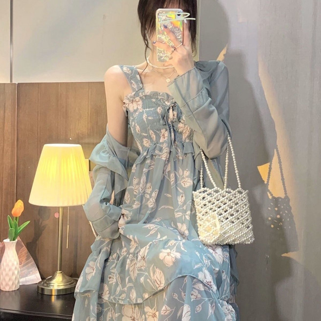 프리미엄 여성 여름 민소매 원피스 슬림핏 끈나시 쉬폰 롱 원피스 빈티지 날씬해 보이는 치마 ZZQ