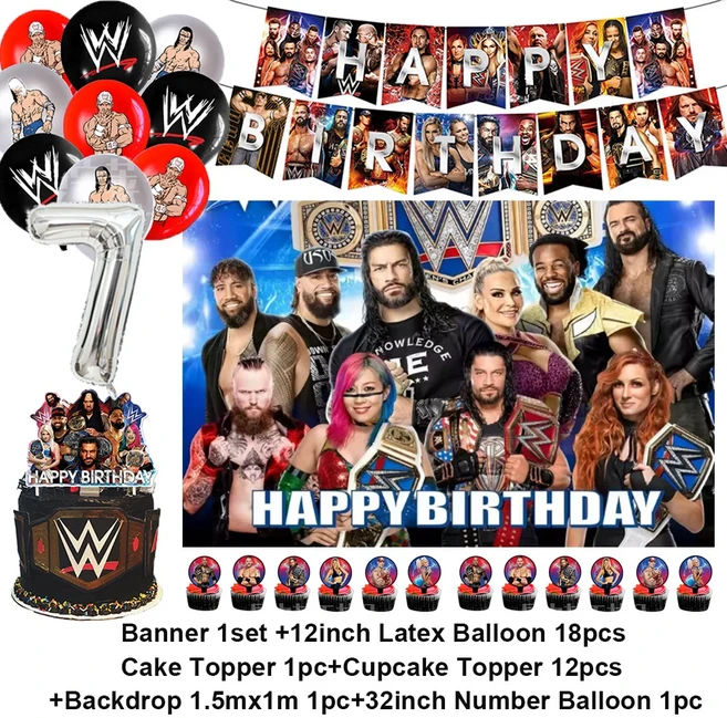 W&Wrestling 트라이애슬론 소년 생일 파티 장식 레슬링 복싱 경기 숫자 풍선 케이크 토퍼 용품, 01 기타, 01 기타, 26 1set A-7