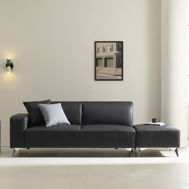 [가구밸리] 아리 가죽&패브릭 3인용 소파(스툴포함), 블랙