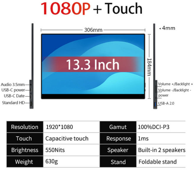 휴대용 포터블 듀얼 스크린 서브 보조 모니터 VCHANCE 13.3 인치 OLED 터치 1920x1080 1ms 10bit 100% DCI-P3 노트북 용 사무실 여행 디스플레이, 3) SF13TO  AU 플러그, 3) SF13TO  AU 플러그