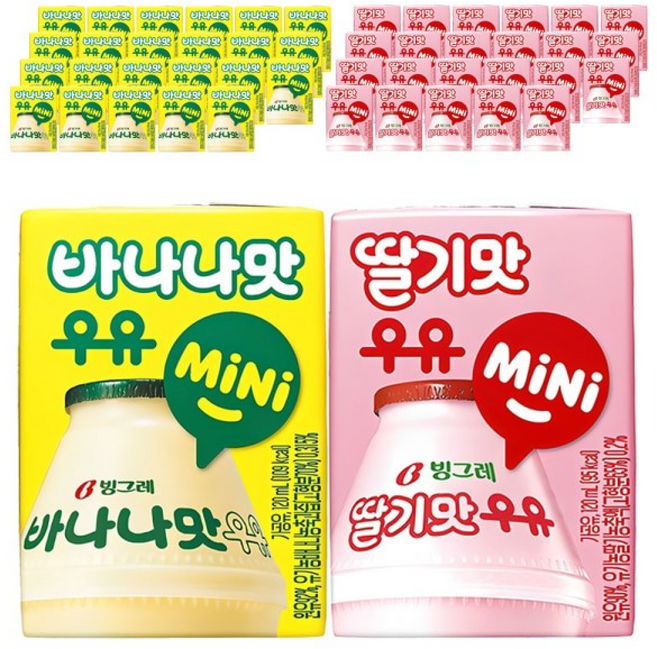 빙그레 바나나맛우유 mini + 딸기맛우유 mini, 120ml