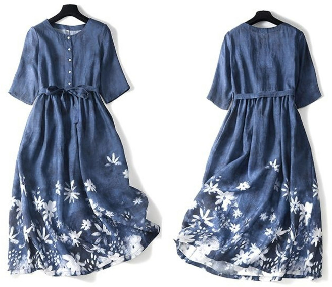 Asure 여자 날염 린넨원피스 벨트 슬림 원피스