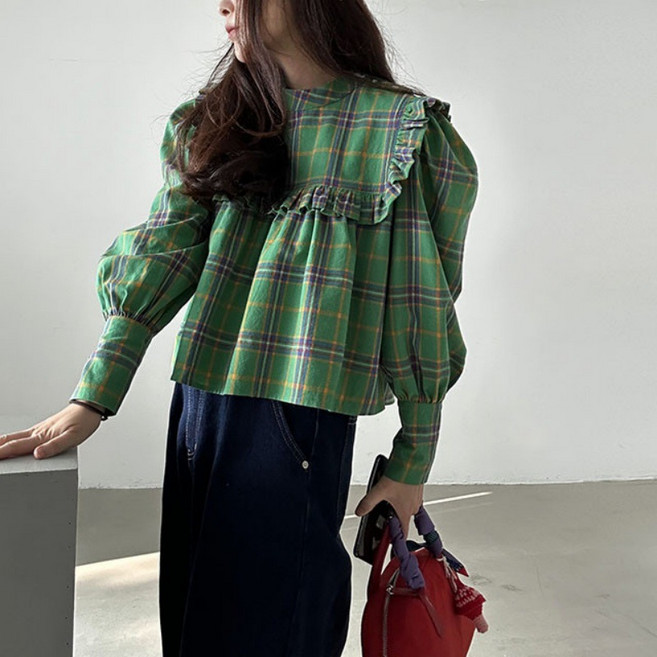 쁘띠꼬모 여성 타탄체크 빅스퀘어카라 퍼프소매 루즈핏 블라우스 데일리 GX5112849