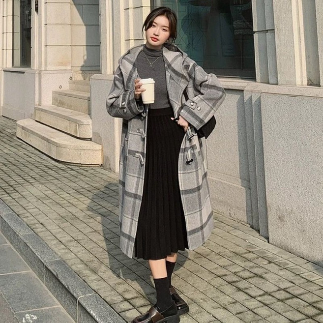 毛呢外套女 長版大衣 毛呢大衣 冬季外套 牛角扣雙面毛呢大衣中長款冬季大衣韓版連帽格子毛呢外套 長版外套女百