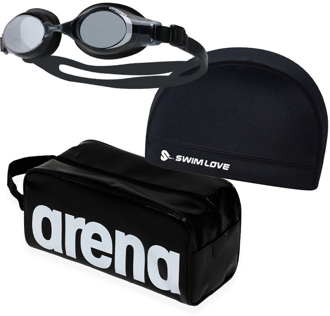 아레나 노트 수경 AGT-610 + 수영가방 A2AC1AB02 + 수영사랑 천 스판 수모, 수경 블랙+수영사랑스판수모 블랙+가방 블랙, 1세트