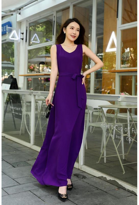 大碼連衣裙 紅色雪紡連衣裙 夏天高個子a字裙 拖地吊帶背心裙, 紫色,4XL 建議82.5-90.0公斤