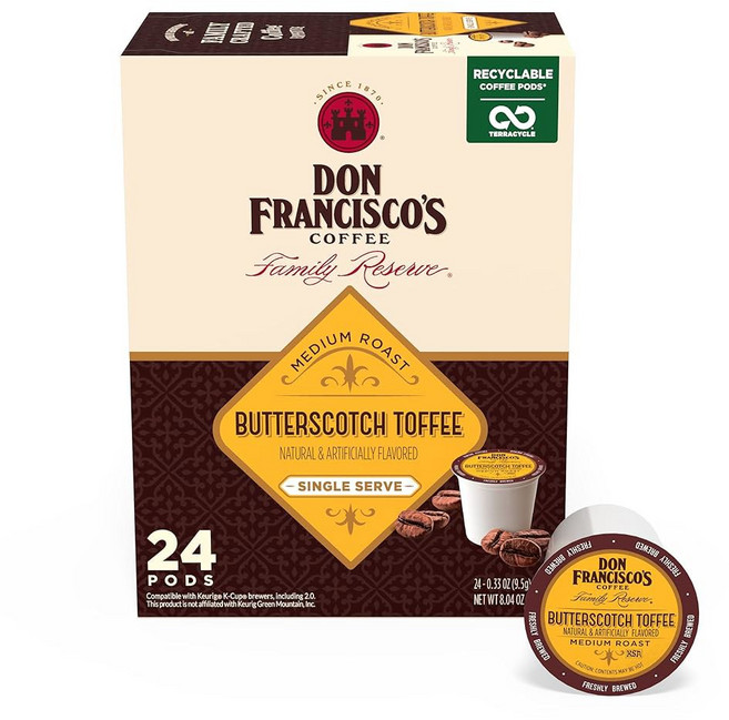 돈 프란시스코의 하와이안 헤이즐넛 맛 커피 포드 24 카운트 미디엄 로스트 큐리그 브루어스와 호환 가능, Butterscotch Toffee, 24 Count (Pack of 1)