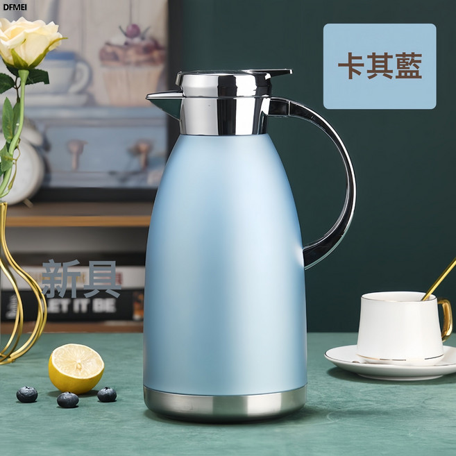 DFMEI 304不鏽鋼真空保溫壺暖水瓶歐式咖啡壺家用熱水瓶, 1個, 【商用-羅馬壺】卡其藍色【彩盒包裝】:【SUS304-1.8L】24小時長效保溫, 1L