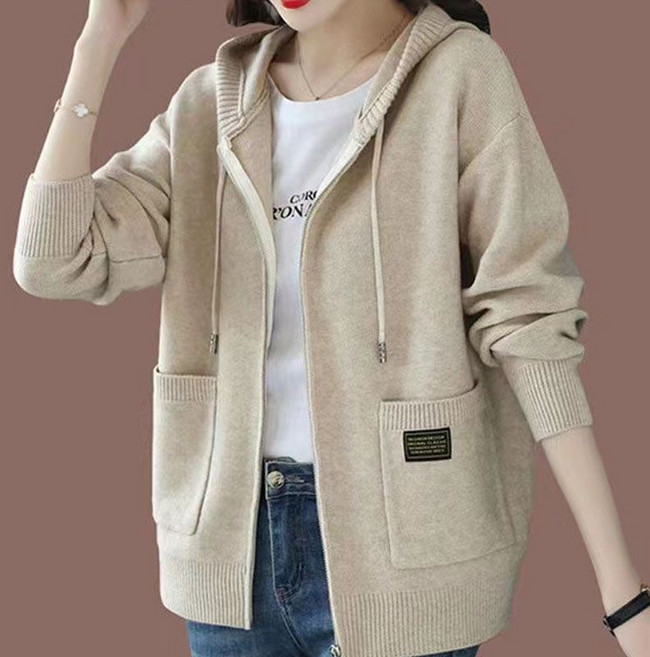 여성 가을 루즈핏 캐주얼 니트 가디건 지퍼 후드 베이직 아우터 단색 빅포켓 스웨터