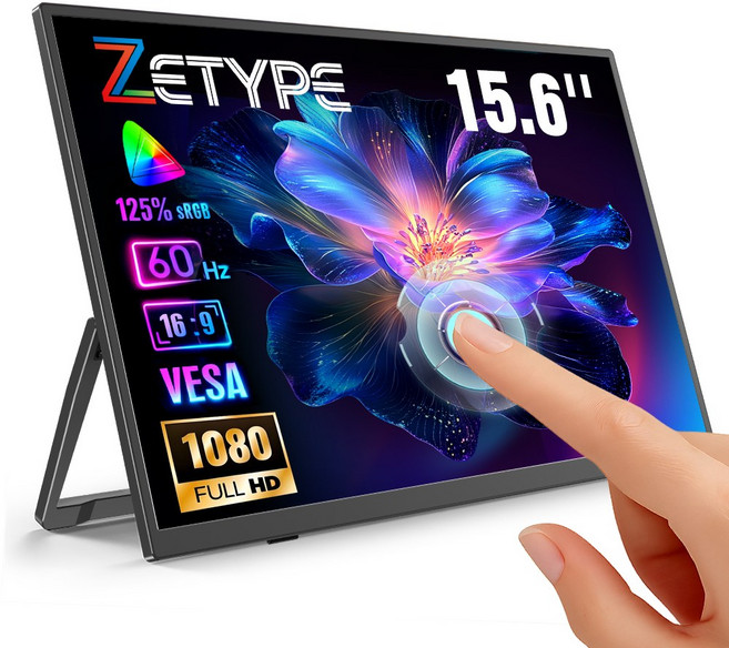 ZETYPE 15.6inch 휴대용 모니터 FHD IPS패널 포터블 모니터 HDR, 블랙-터치, 39.62cm