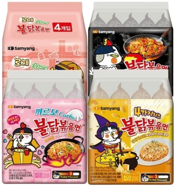 삼양 봉지 라면 멀티 총4팩 불닭볶음면 1팩 로제 1팩 까르보 1팩 4가지치즈 1팩, 4팩