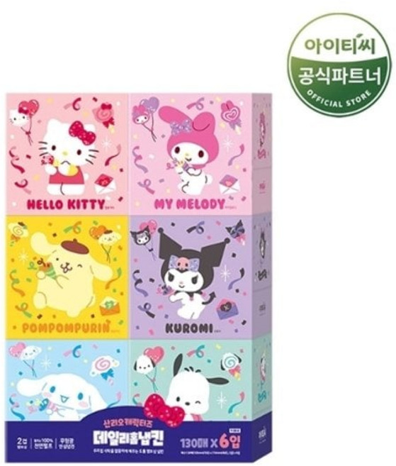 홈스웰 산리오 데일리 홈냅킨 130매 6입 프리미엄 화장지 미용티슈, 130, 1