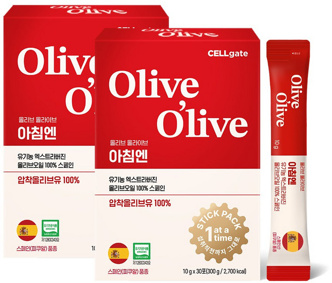 셀게이트 올리브올라이브 아침엔 유기농 엑스트라버진 올리브오일, 2개, 300g