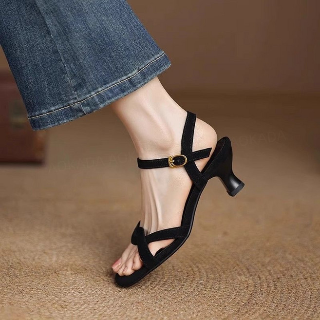 AOKADA 여성 여름 스웨이드 샌들 스트랩 미드 힐 샌들5CM