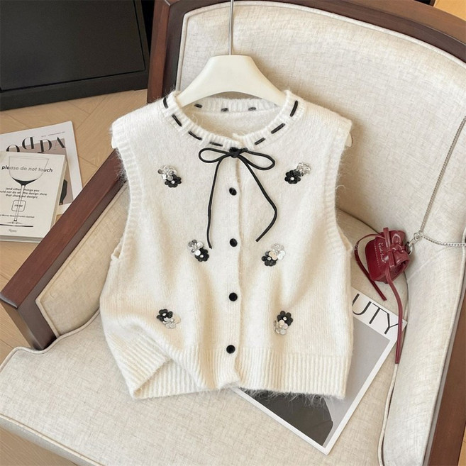 COSYEVNO 여성 니트조끼 가을 라운드 스팽글 어디에나 심플하고 트렌디한 캐주얼 루즈핏 클래식 숏 버튼 상의 CXJmj-27