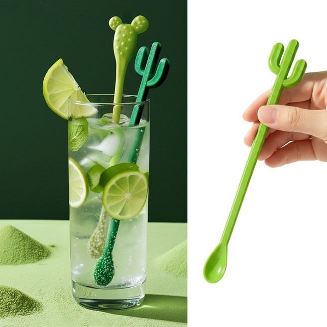 칵투스 말차라떼 선인장 롱 티스푼 머들러 스푼 스틱 음료 칵테일 하이볼 커피 믹스, 6개, 그린믹스