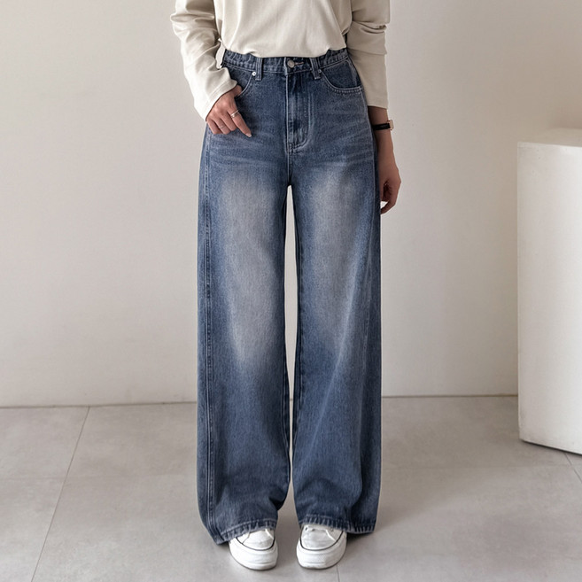 데일리앤 르벤 기장선택 여성 빅사이즈 밴딩 와이드 난스판 절개 데님 팬츠 빈티지 워싱 청바지 봄 가을 간절기