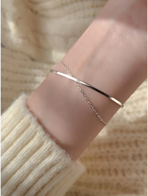 뱅글 하프체인 팔찌 화이트골드 도금