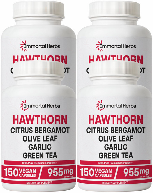 Immortal Herbs 호손 베리 캡슐 올리브 잎이 포함된 6-in-1 추출물 시트러스 베르가못 마늘 녹차 및 후추 비유전자변형식품 및 글루텐 프리 호손 베리 보충제, 4개, 150정
