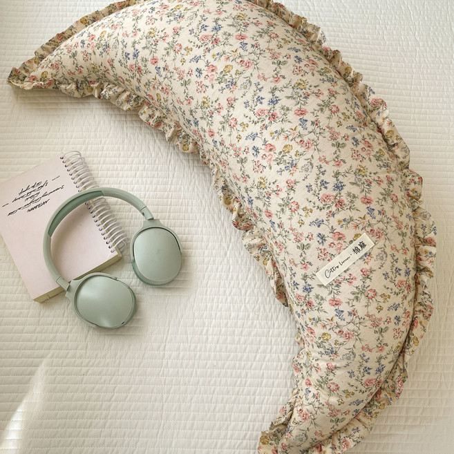 새로운 면마 달 모양 베개 아기 진정 베개 분리형 세탁 가능한 침대 옆 쿠션 베개 다리 받침 베개 A급 면, 25x80cm 베개 심과 베개 커버 [한 세트], 014호 면마 초승달 베개