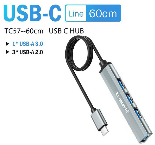 c타입 허브Lemorele USB C 허브 3.0 롱 케이블 OTG 4 포트 타입 멀티 스플리터 어댑터 노트북 액세서리 샤, 02 60CM, 01 USB-C -60cm