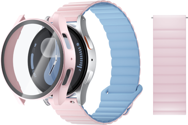 AITEWO 갤럭시워치 호환 스트랩 액체 실리콘 마그네틱 밴드 고리형 시계줄 풀커버 보호 일체형 케이스 세트, 1개, 핑크 스카이