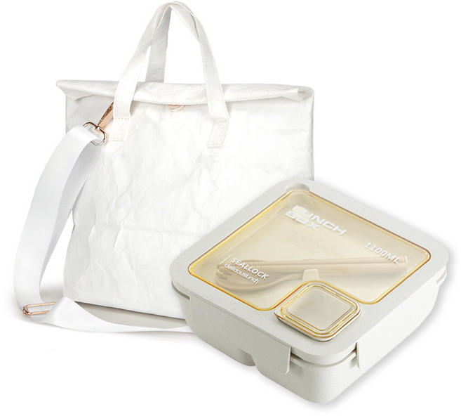 온다온 샐러드 도시락통 + 타이백 도시락가방 세트 밀짚 밀프랩 용기 런치박스 직장인, 1세트, 샐러드통(1100ml) + 화이트