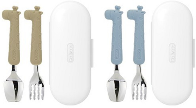 에디슨 실리콘 스푼 포크 케이스 2종 세트 베이비, 기린베이지 + 기린블루, 스푼 + 포크 + 케이스, 1세트