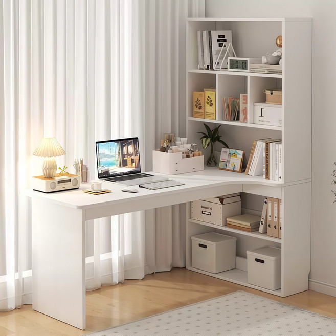 YAPOGI 책장형 책상 일체형 수납형 컴퓨터책상 공부책상 학생 책상 사무용 데스크, 화이트