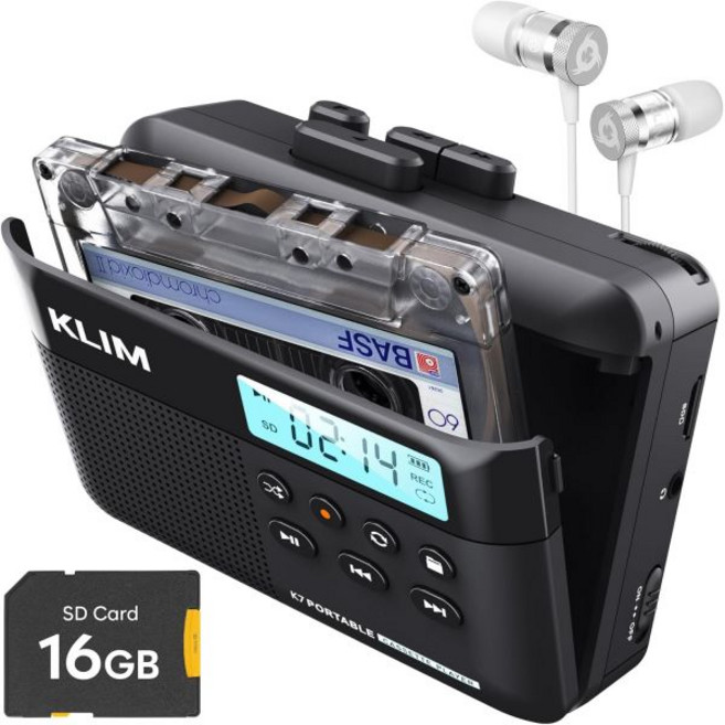 퓨전 이어폰이 장착된 KLIM K7 카세트 테이프 플레이어 카세트에서 MP3로 변환기 휴대용 내장 마이크 및 스피커 충전식 배터리 이어폰 16GB SD 카드 블랙, Black