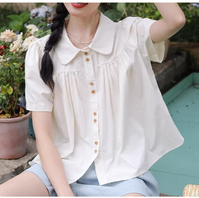 모몰라티 여성용 여름 링클 반팔 셔츠 카라 남방 블라 긴팔 셔츠