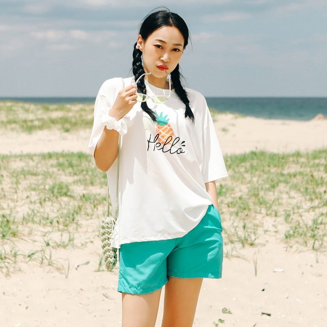 [비치팜] 파인애플 반팔 여성 래쉬가드 남여공용 빅사이즈 수영복 상의, 블랙