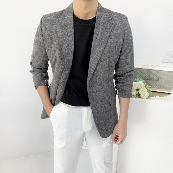 남자 여름 구김없는 결혼식하객룩 린넨 보카시 체크 캐주얼 블레이저 자켓