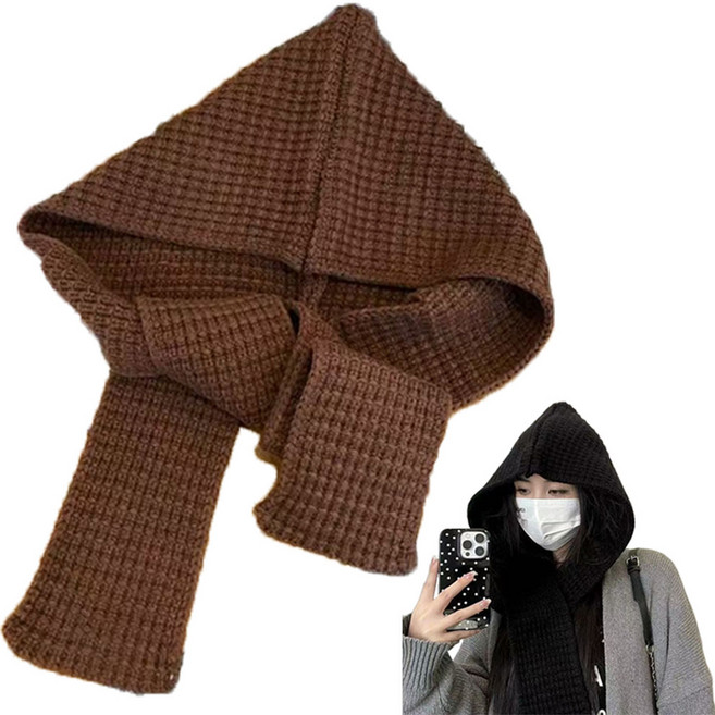 ROOICE 니트 바라클라바 빅사이즈 여성 후드 넥워머 2P, 블랙+브라운