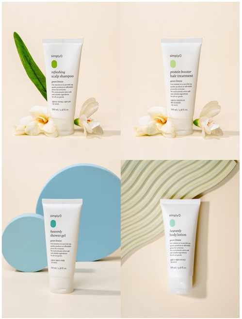 심플리오 여행용 샴푸 100ml + 헤어 트리트먼트 100ml + 샤워 젤 100ml + 바디로션 4종 세트 그린브리즈 향 (기내반입가능), 1세트