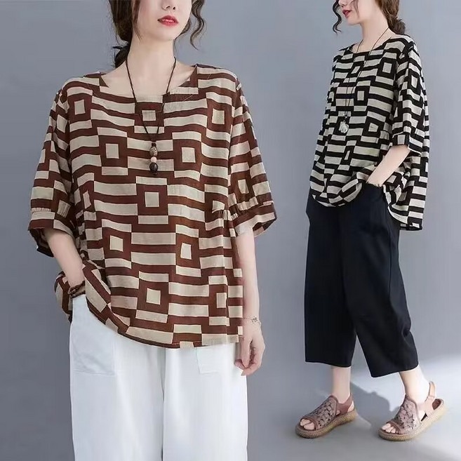 Asure 빅사이즈 여성 린넨 반팔티 빈티지 라운드티셔츠