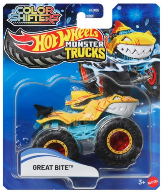 Hot Wheels Monster Trucks 컬러 시프터 - 그레이트 바이트 [상어] 물에 노출되면 색상이 변합니다! 1:64 스케일 다이캐스트 장난감 차량 253103, ECLATIS Hot WHEELS 힐 MON 온ster