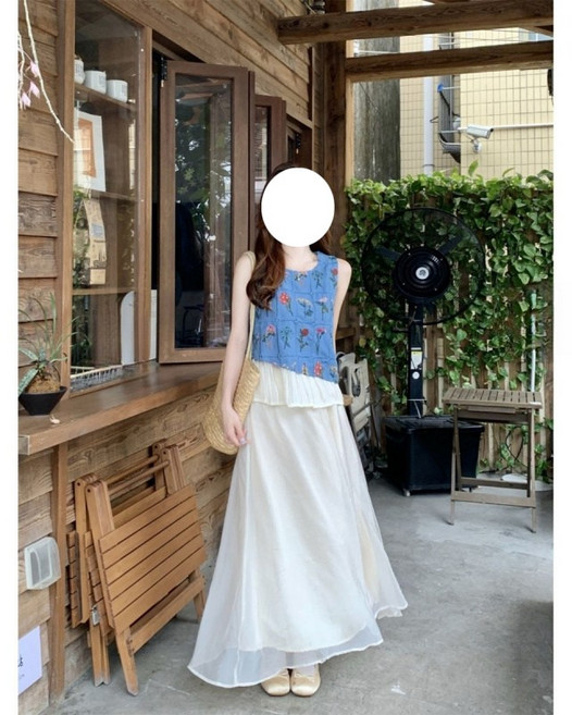해피유통 여성 여름 꽃무늬 탱크탑과 롱스커트 경쾌한 캐주얼 스타일XG05